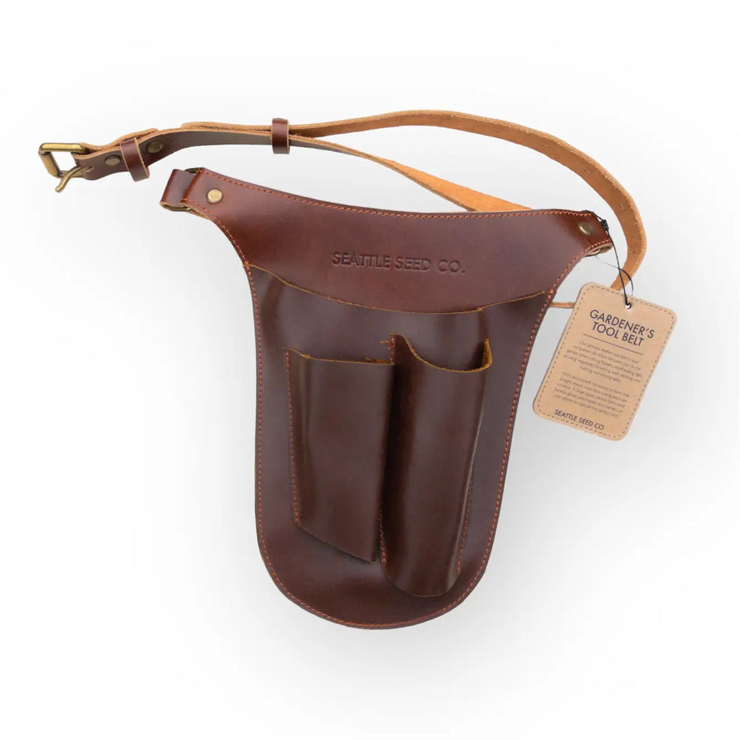 Genuine leather gardener’s tool belt with front pockets and adjustable strap