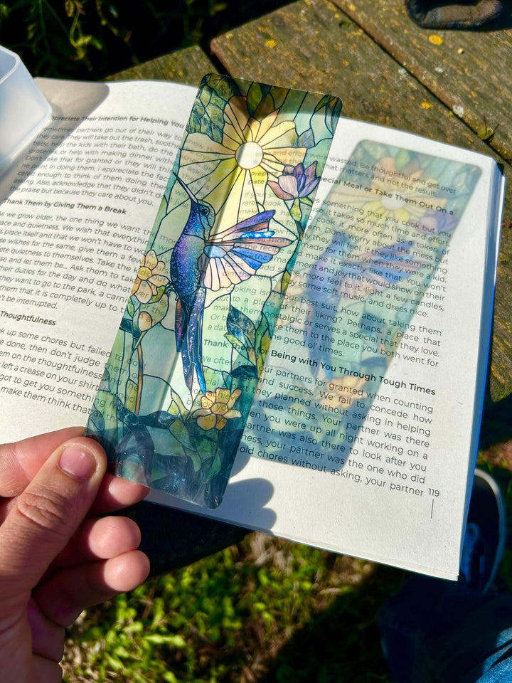 Hummingbird stained-glass bookmark with colorful bird and flower pattern