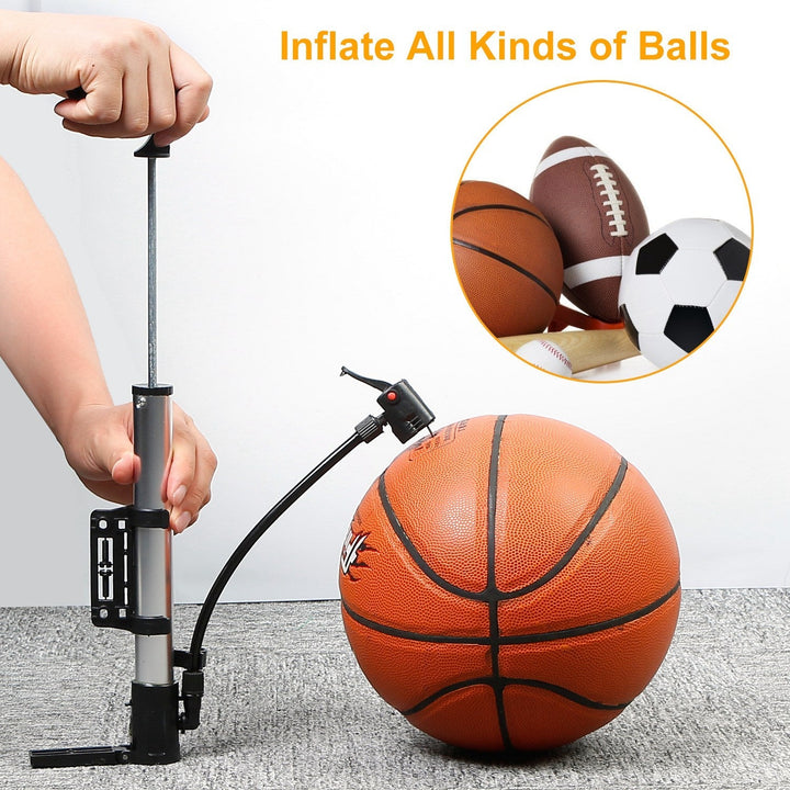 Mini bike tire inflator pump inflating a basketball with hand and hose connector