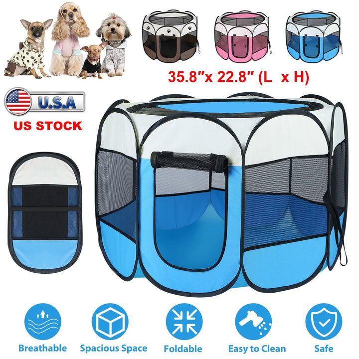 Foldable pet tent kennel in blue and white with mesh sides and zipper front
