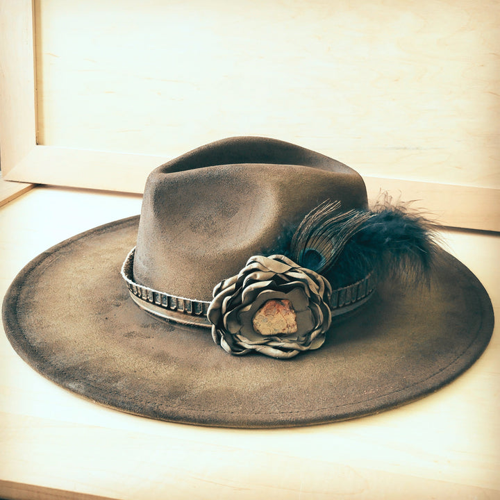Distressed felt cowgirl hat, gray-olive, with feather plume and jeweled band