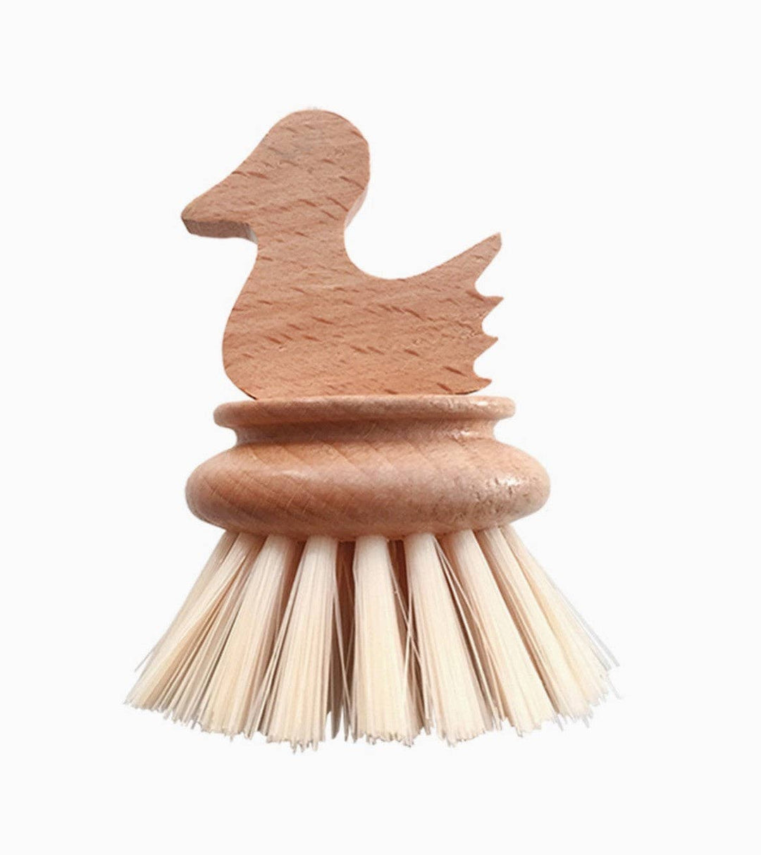 Wooden bird-shaped kids cleaning brush with rounded base and white bristles