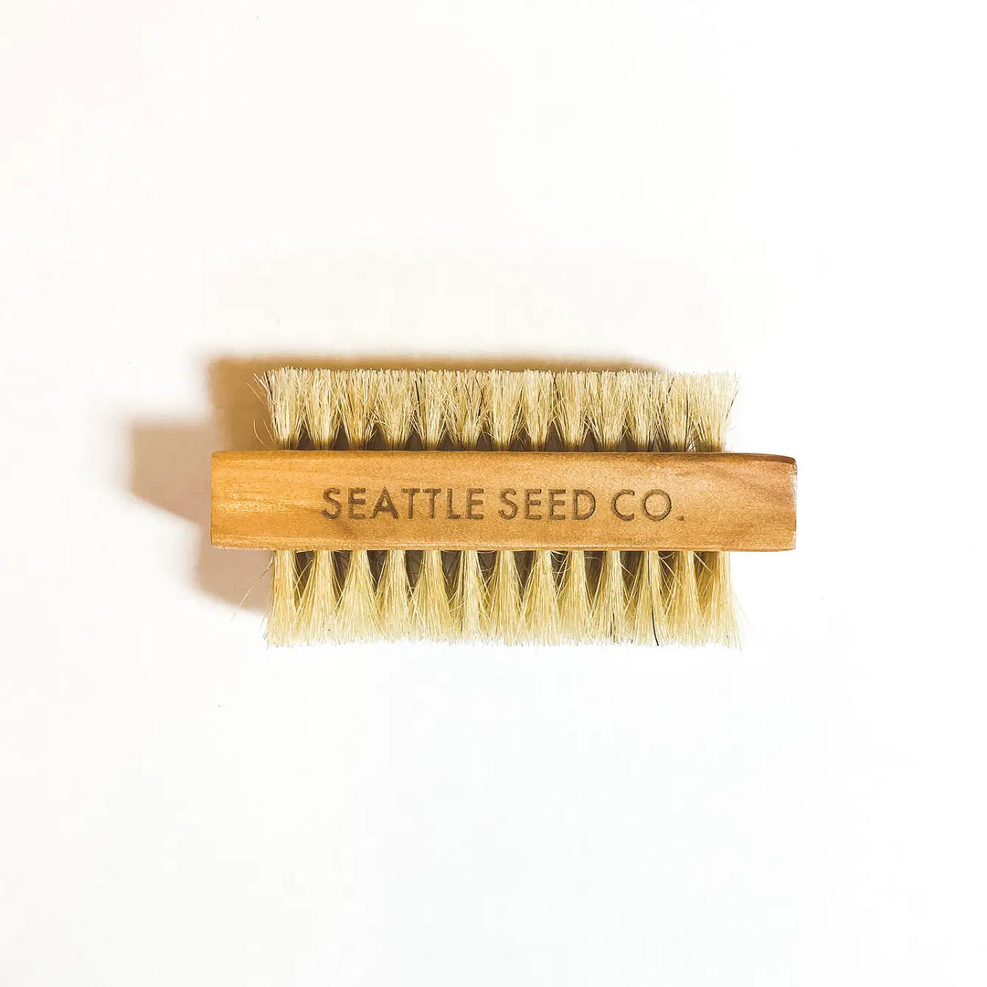 Vegetable and nail brush with wooden handle, yellow bristles, &
