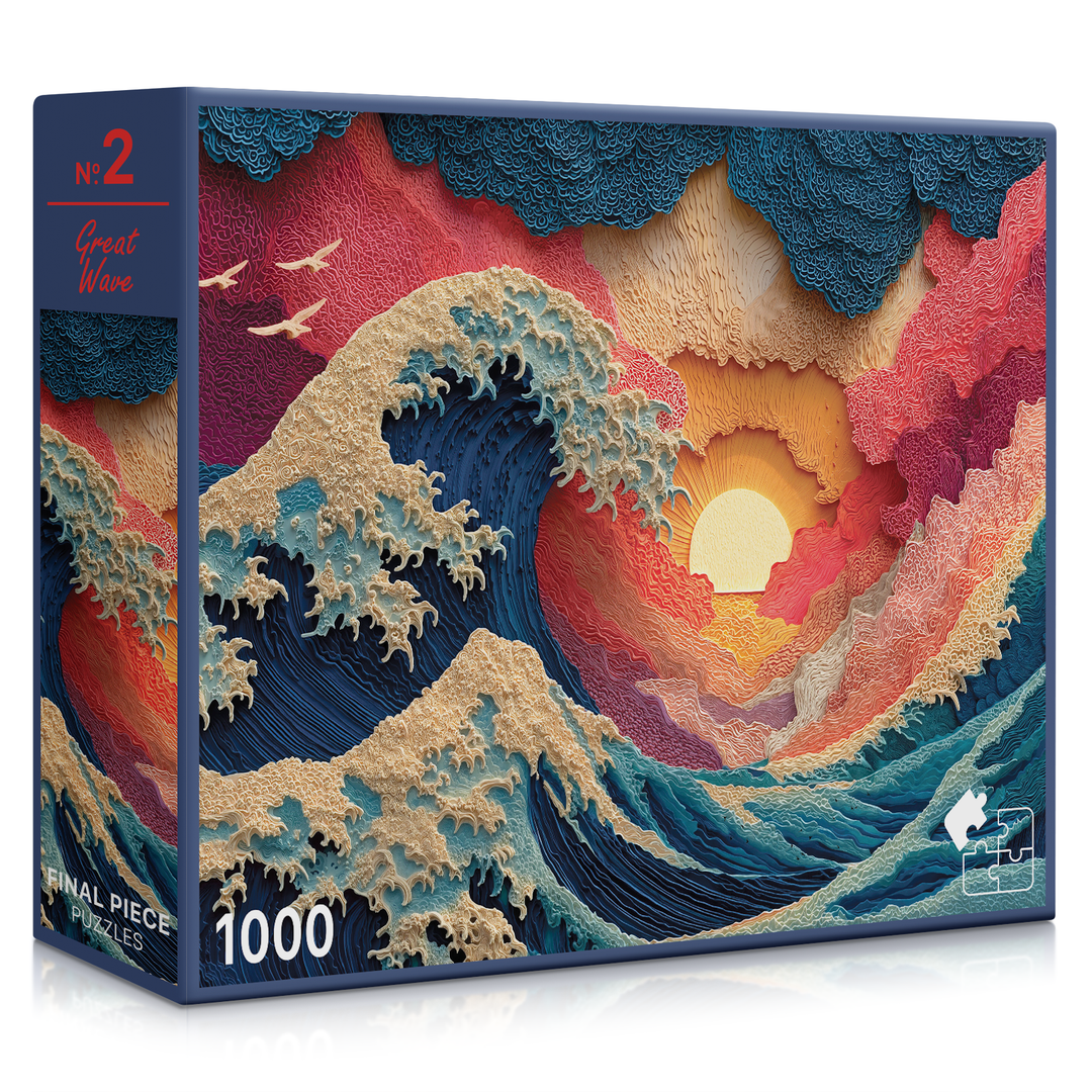 1000-piece jigsaw puzzle box with an ocean-wave artwork on the front