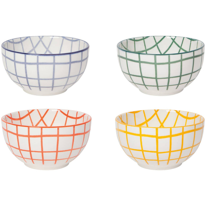 Wobbly check pattern bowls set, blue, green, orange, and yellow bowls