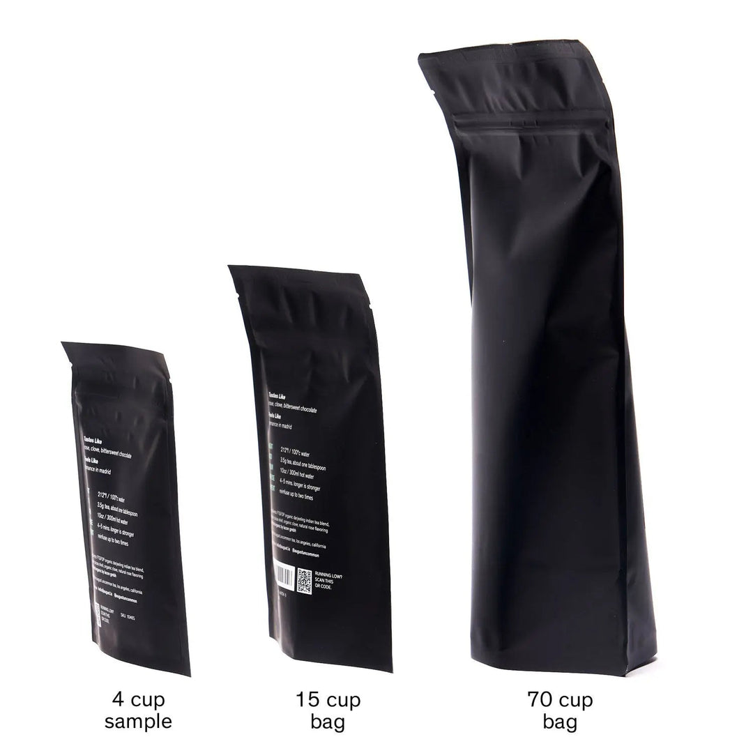Assorted black tea pouches in 4, 15, and 70 cup sizes