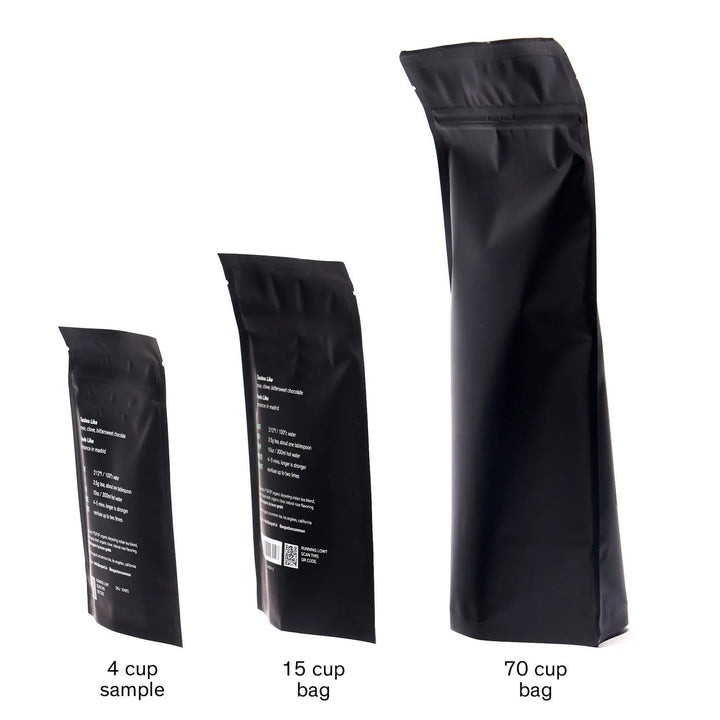 Assorted black tea pouches in 4, 15, and 70 cup sizes