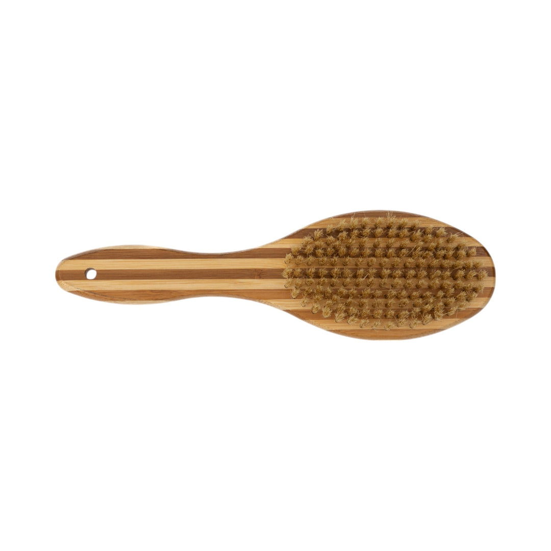 Natural wood dog grooming brush with oval bristle side and ergonomic handle