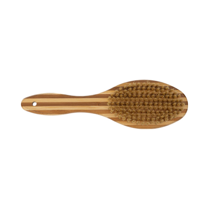 Natural wood dog grooming brush with oval bristle side and ergonomic handle