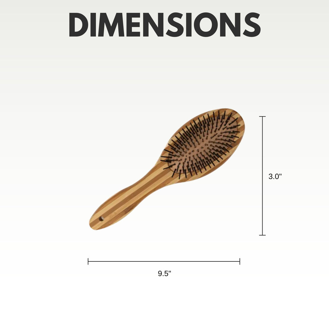 Natural wood dog brush with oval paddle head, pin side, and long ergonomic handle