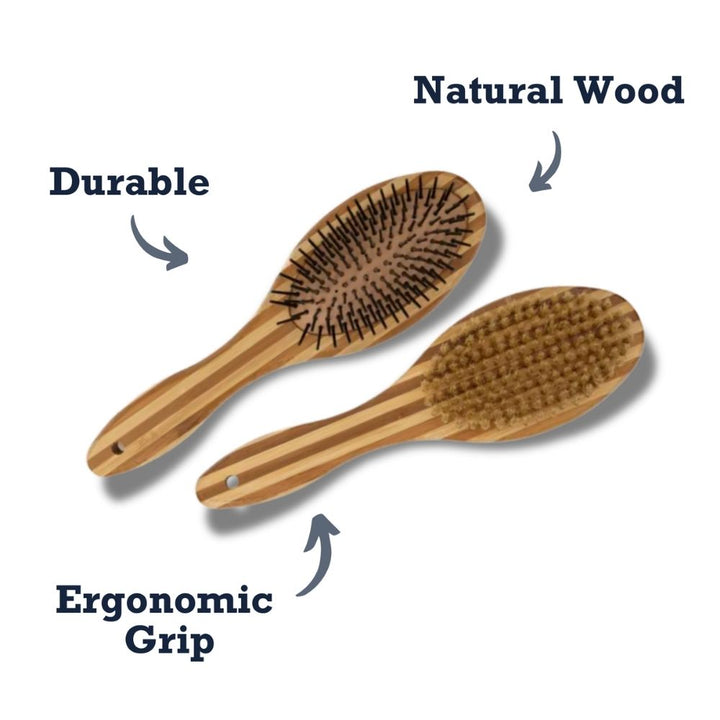 Natural wood dual-sided dog grooming brush showing pin side and bristle side