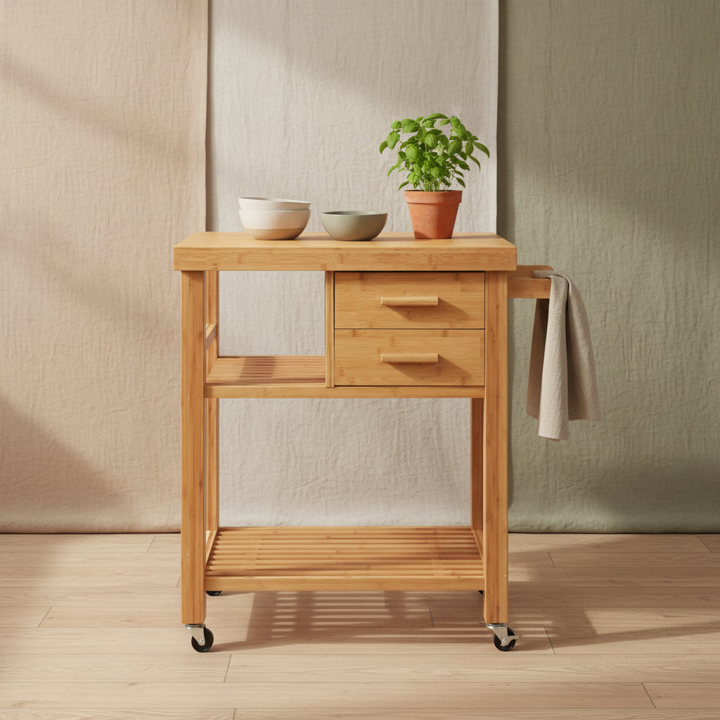 Bamboo Kitchen Trolley Cart with Tower Rack and Drawers
