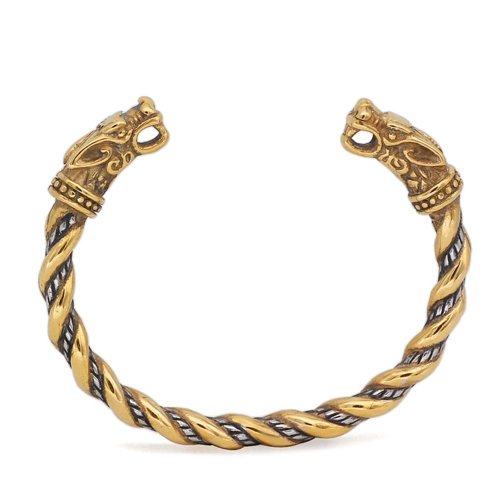 Braided metal bracelet with wolf-head end connectors and ornate engraved details