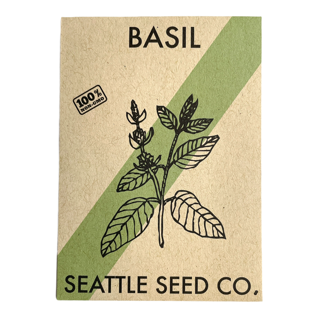 Basil seeds packet with green leaf design and BASIL text