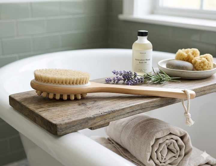 Wood bath and body massage brush with oval bristle head on long handle