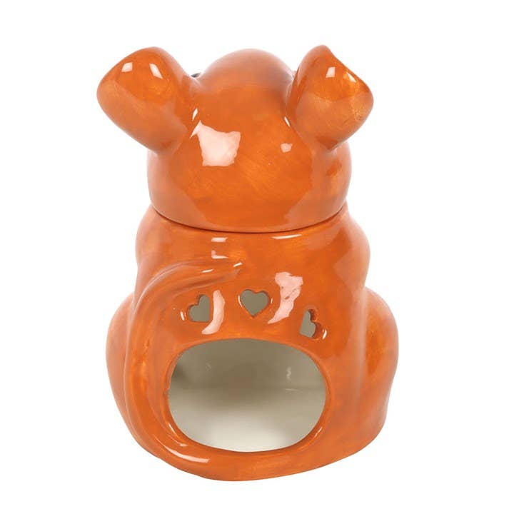 Mouse-shaped ceramic wax warmer with round opening, orange finish and white trim