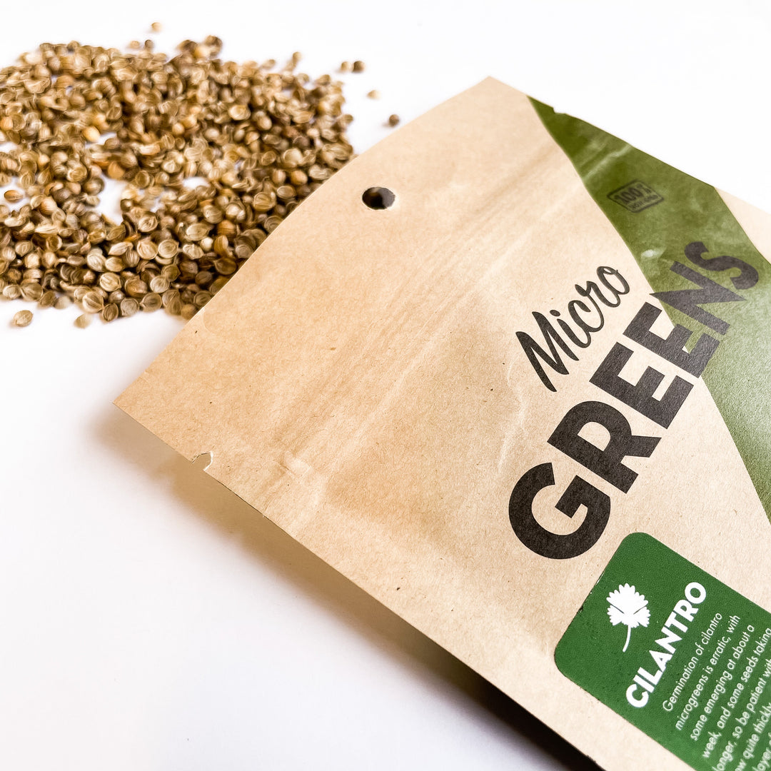 Cilantro microgreen seeds in brown paper bag with green label and scattered seeds