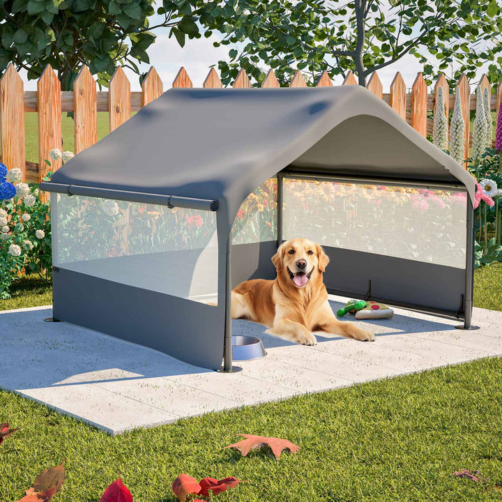 Gray dog house tent with large mesh windows and wide front opening