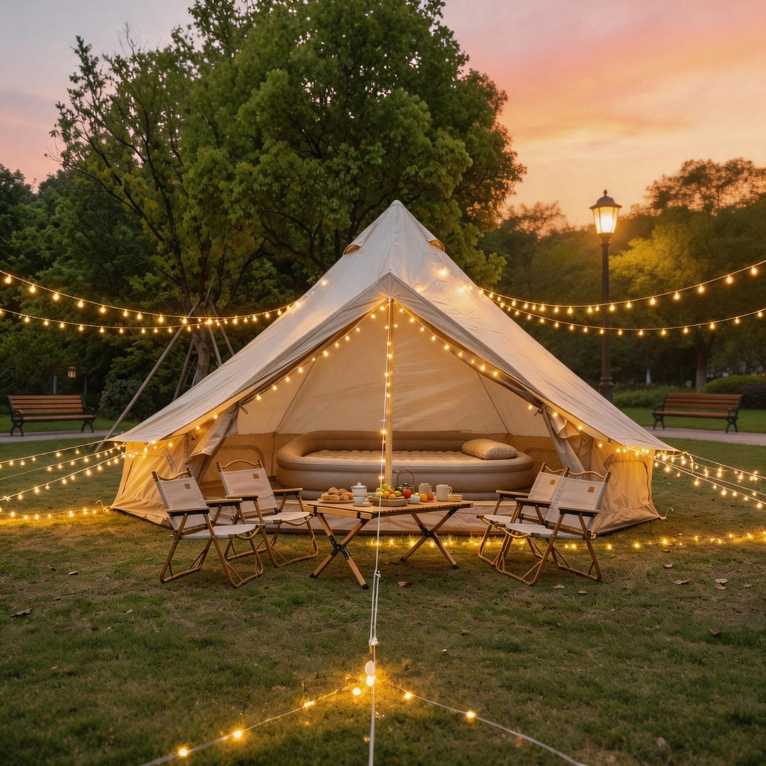 Bell tent with string lights, open entrance, and outdoor dining table in front