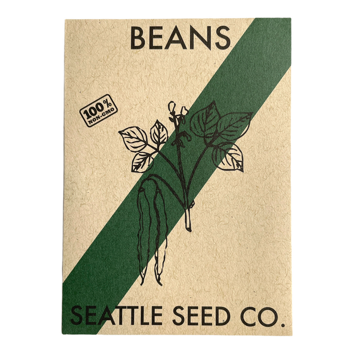 Bean seed packet with green-and-tan design and bean illustration