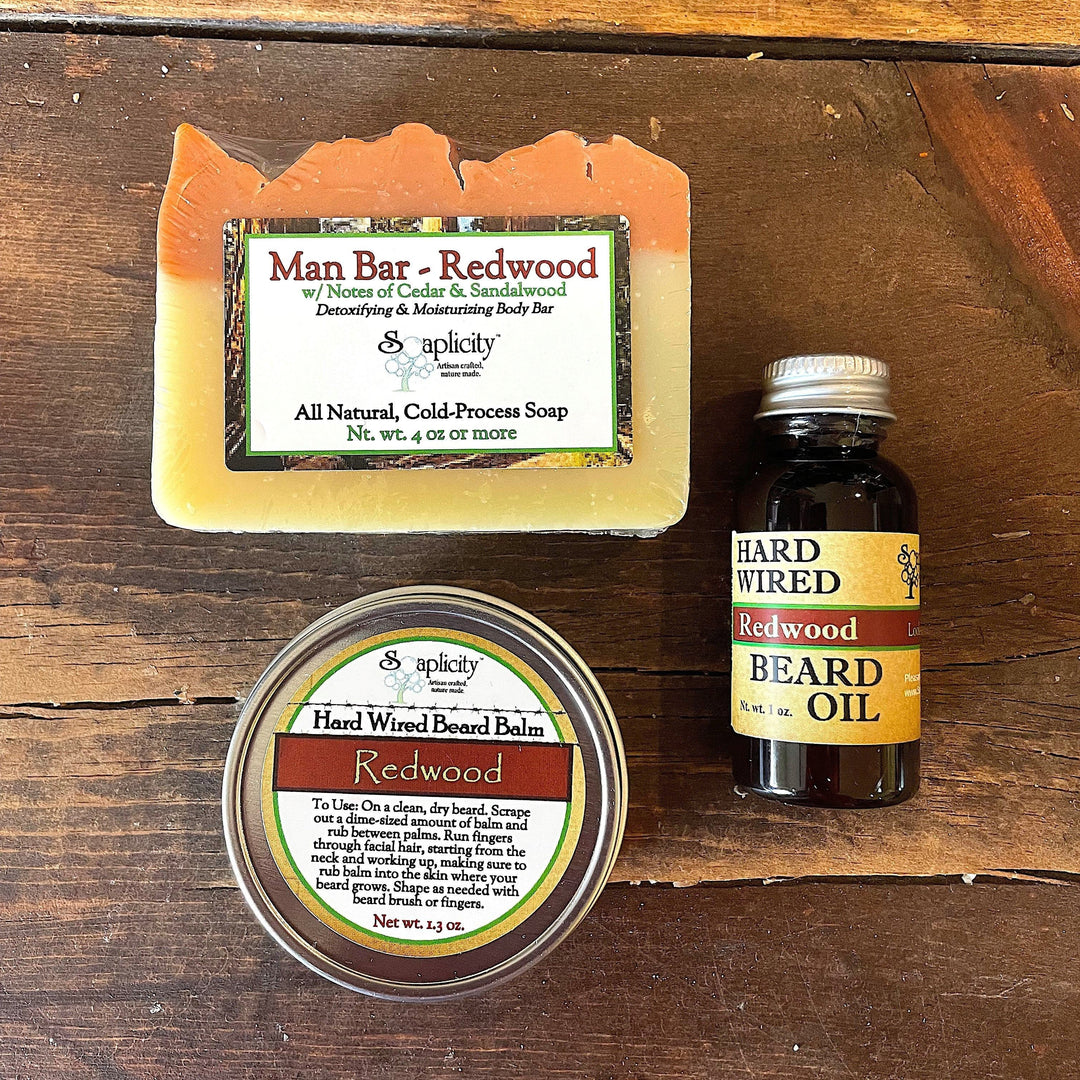 Bearded Trio Gift Set with Hard Wired Beard Oil, Balm, & Body Soap Bar — Bundles, [material], Soaplicity