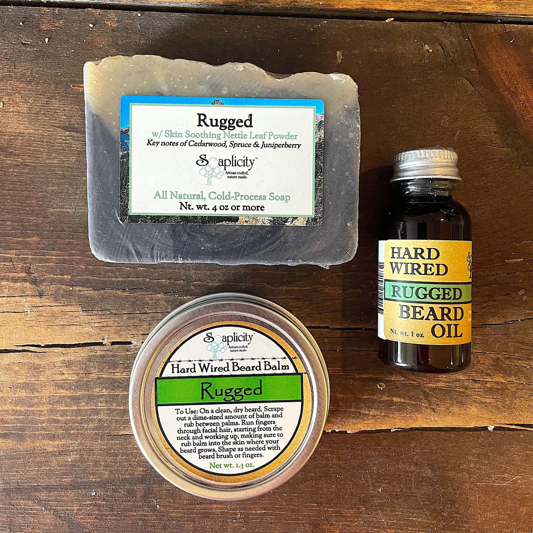 Bearded Trio Gift Set with Hard Wired Beard Oil, Balm, & Body Soap Bar — Bundles, [material], Soaplicity