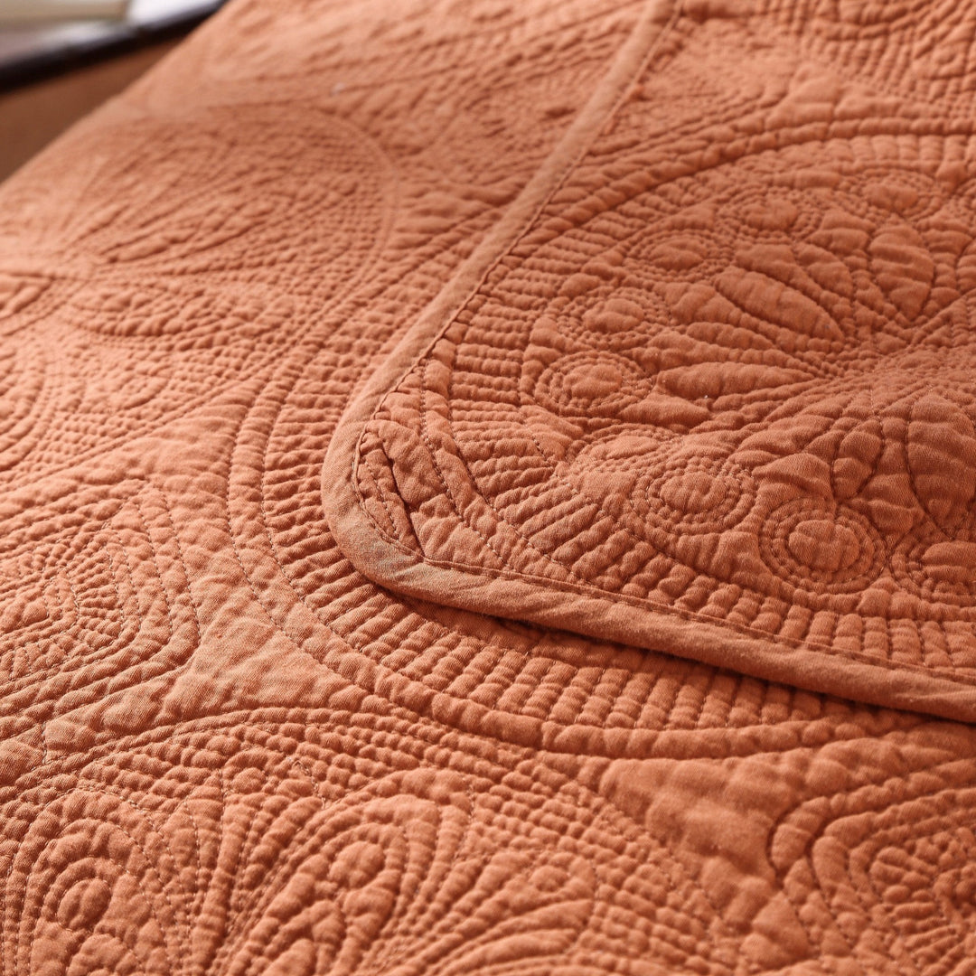 Tache Tuscany Sunrise Medallion Orange Rustic Stone Washed Cotton Quilt Set (JHW-595)