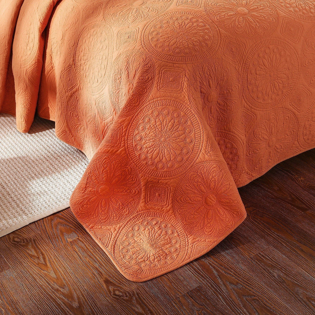 Tache Tuscany Sunrise Medallion Orange Rustic Stone Washed Cotton Quilt Set (JHW-595)