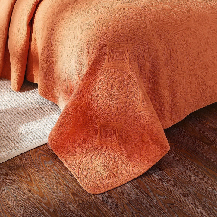 Tache Tuscany Sunrise Medallion Orange Rustic Stone Washed Cotton Quilt Set (JHW-595)