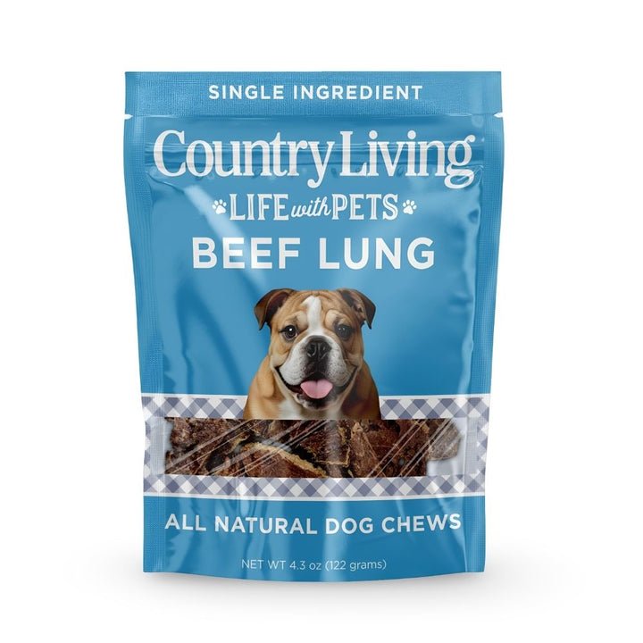 Beef lung single-ingredient dog chew pouch, front label with dog