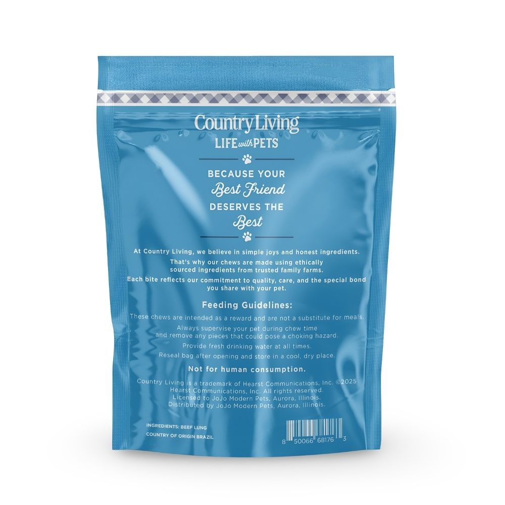 Beef lung dog chew pouch back with feeding directions and ingredients