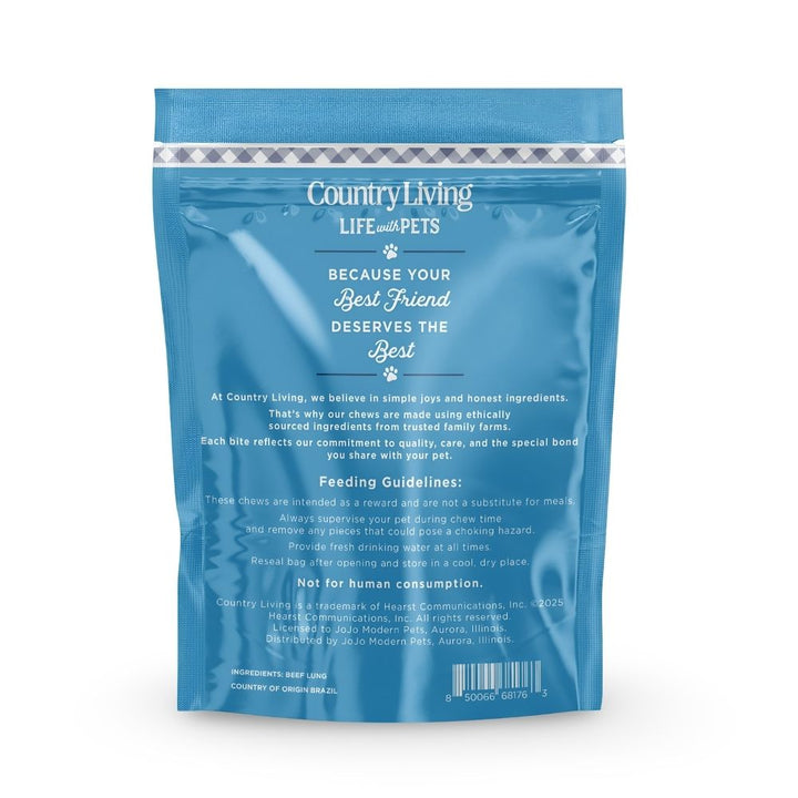 Beef lung dog chew pouch back with feeding directions and ingredients
