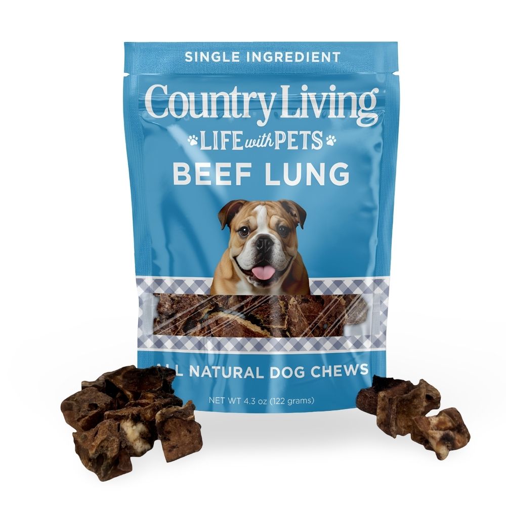 Beef lung single-ingredient dog chew bag with sliced treats in front