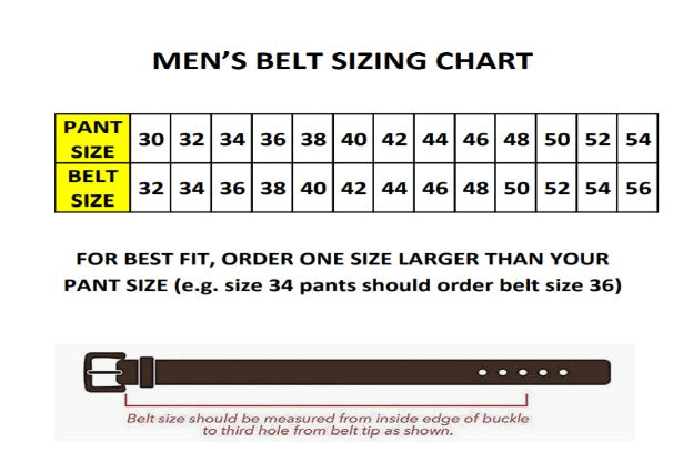 Men's belt sizing chart graphic with belt and pant size table