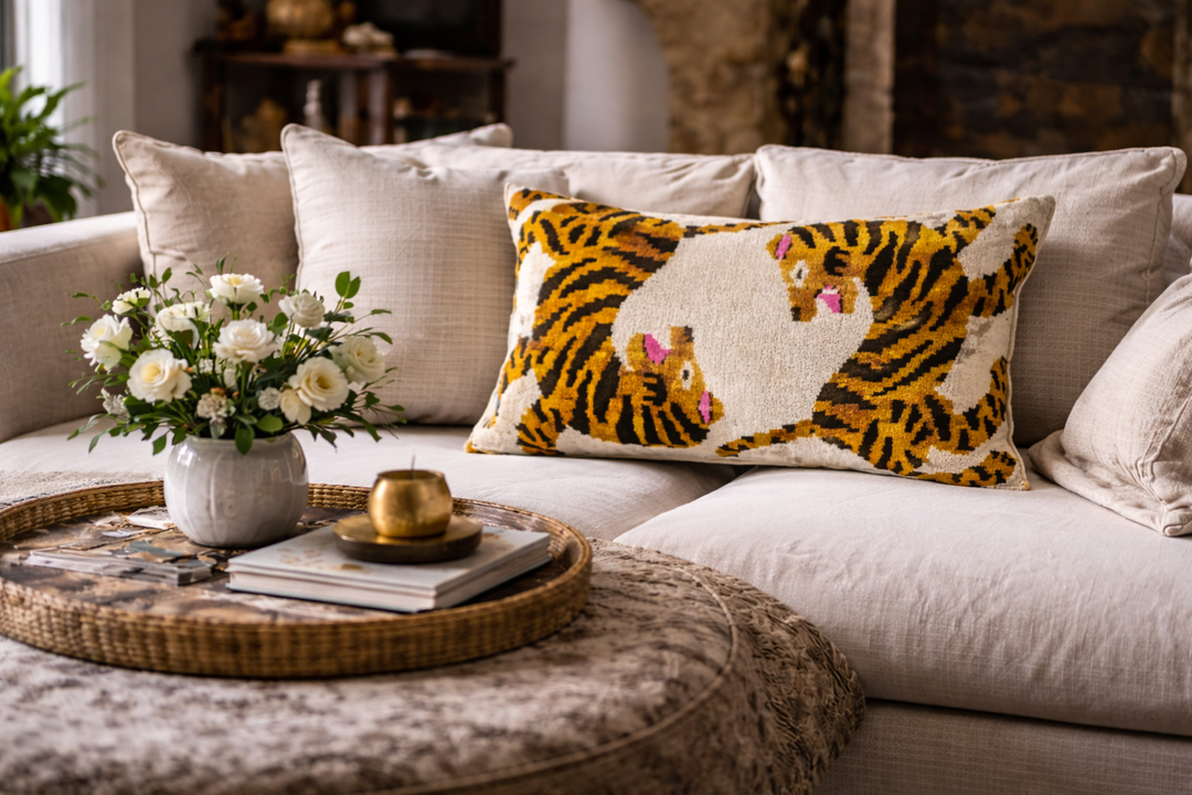 Tiger print ikat throw pillow cover on couch, cream fabric with yellow and pink accents