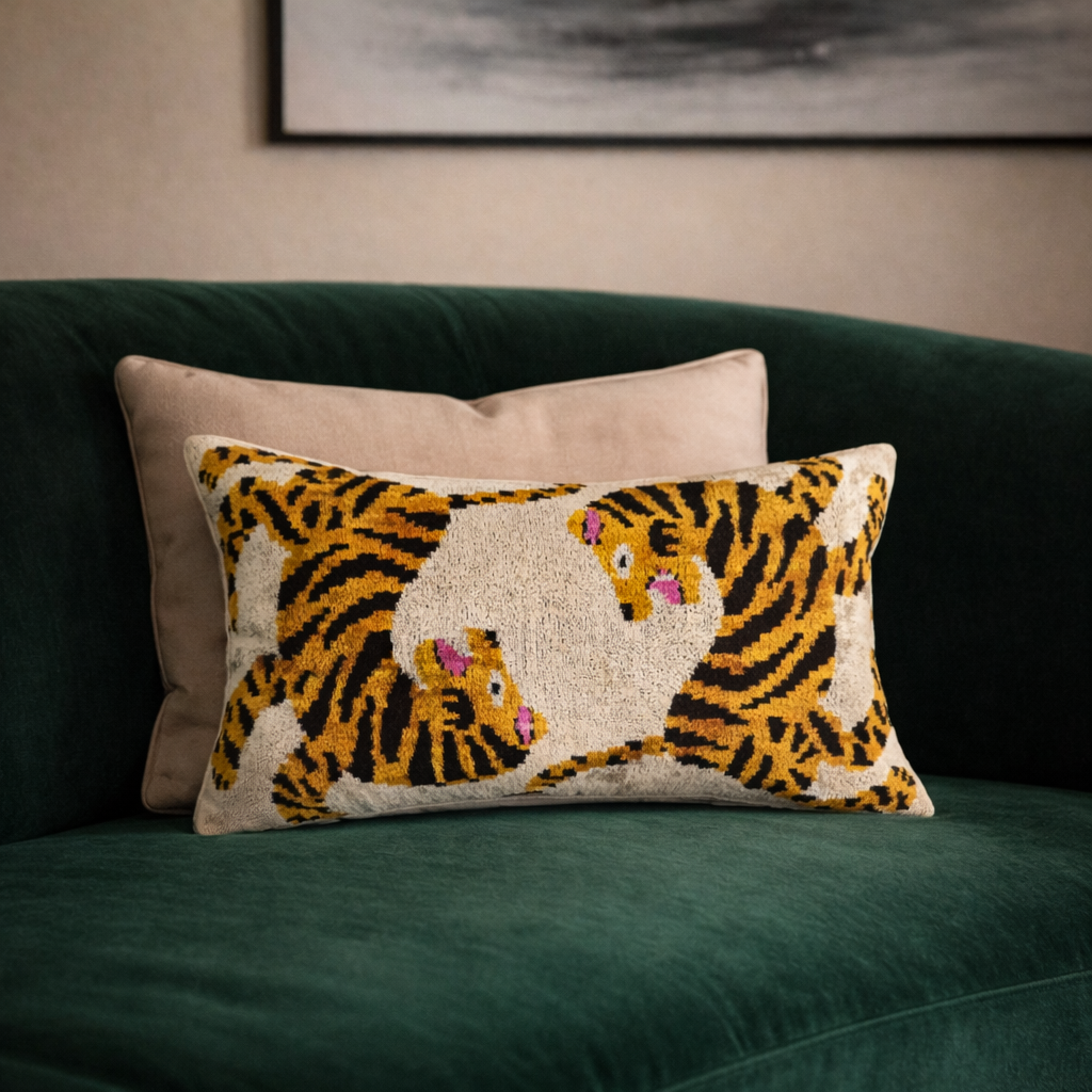 Tiger motif ikat throw pillow cover on green sofa, cream base with yellow and pink accents