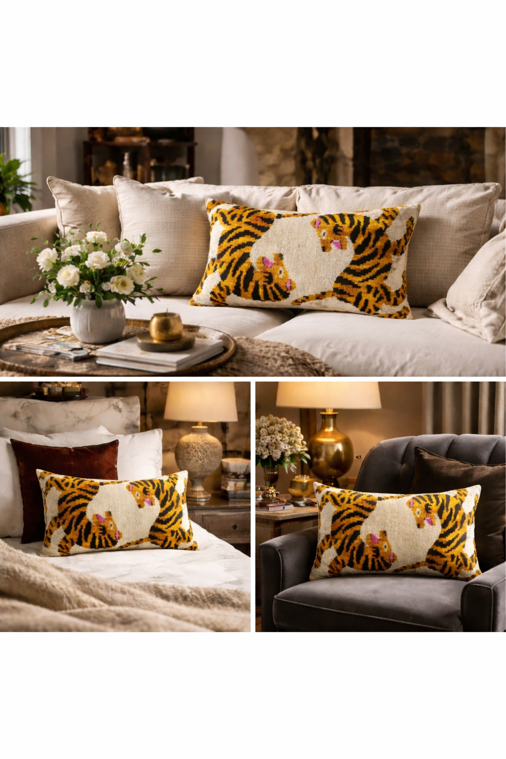 Tiger motif ikat throw pillow cover, cream fabric with yellow tiger shapes and pink accents