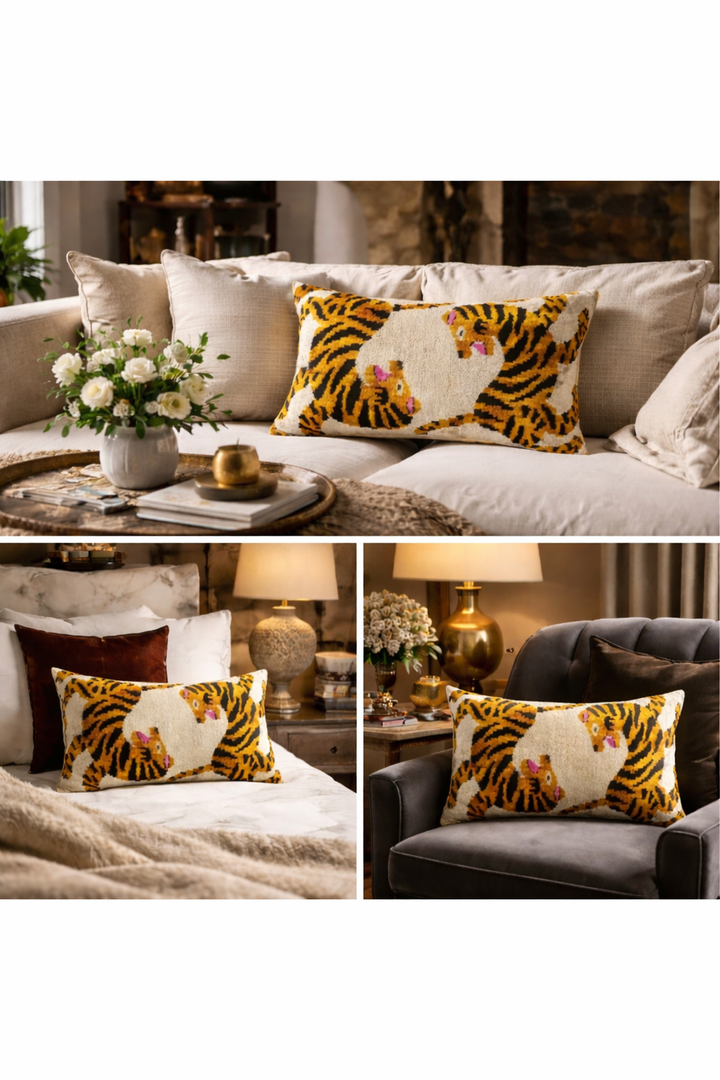 Tiger motif ikat throw pillow cover, cream fabric with yellow tiger shapes and pink accents