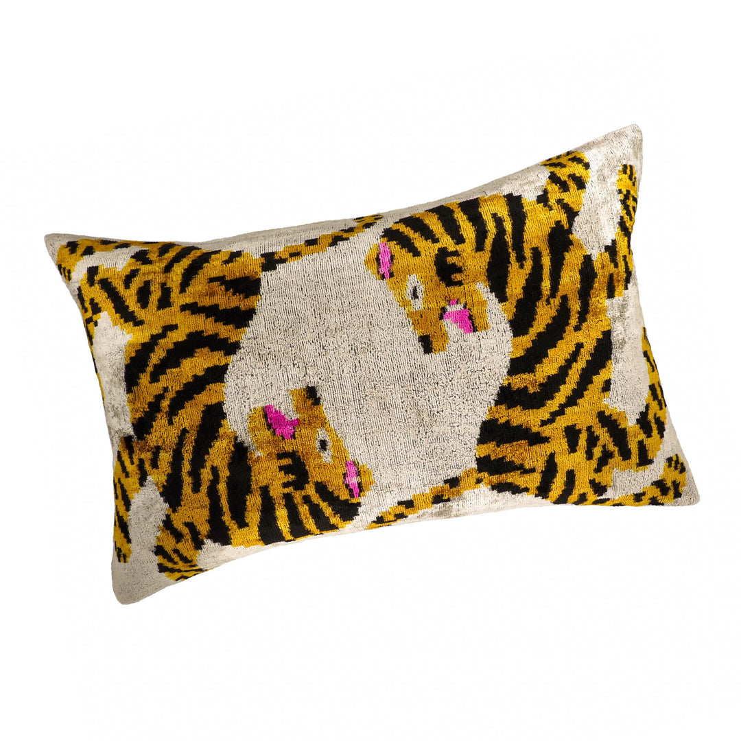 Tiger-pattern ikat throw pillow cover, cream base with yellow and pink accents