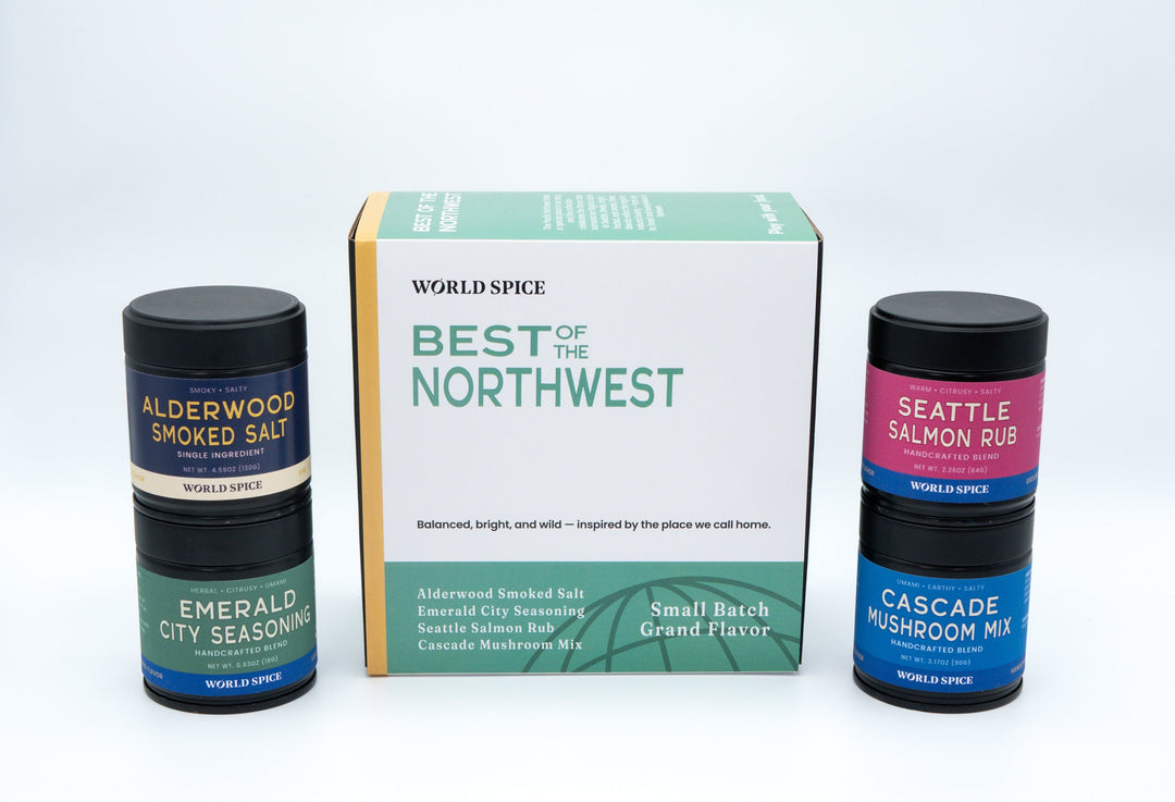 Spice variety set with three cylindrical spice jars and a Best of the Northwest box