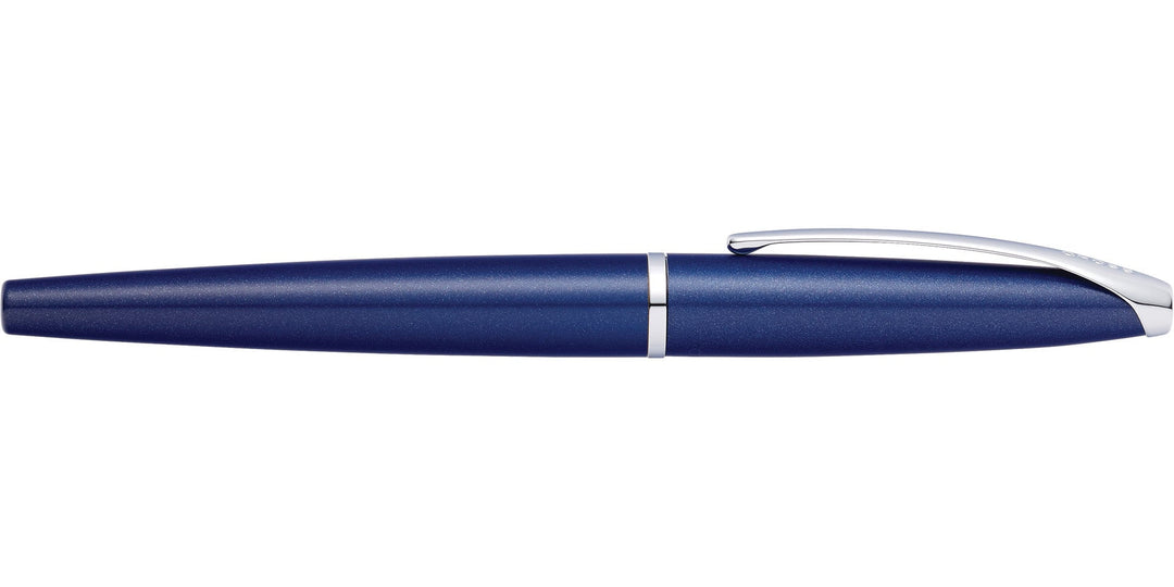 Translucent blue lacquer fountain pen with white/silver cap end and clip