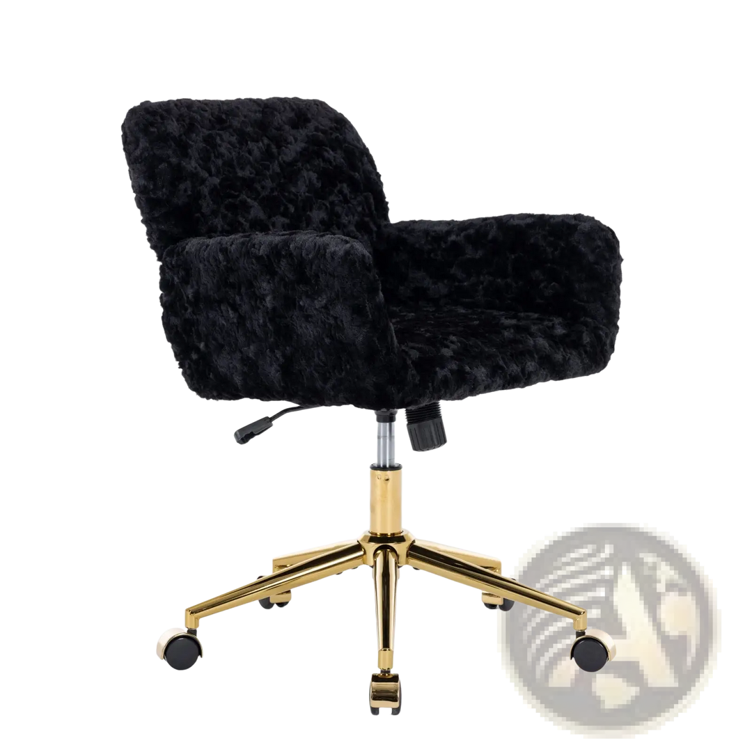 Black Faux Fur Office Chair with Gold Base