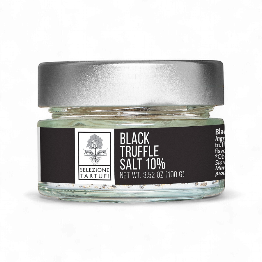Black truffle salt jar with silver lid, glass container