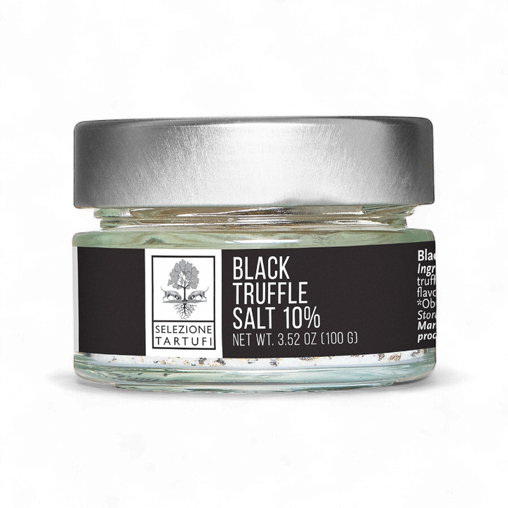 Black truffle salt jar with silver lid, glass container