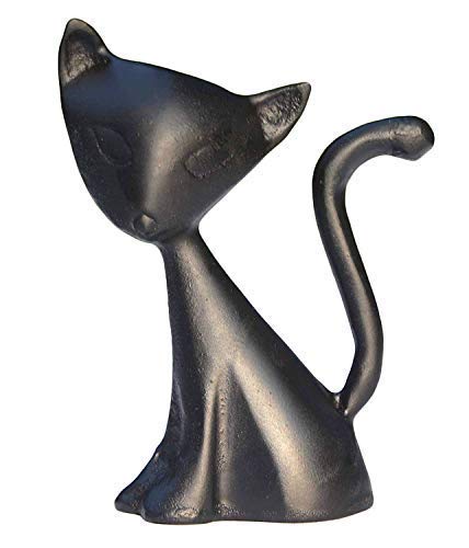 Black cat ring holder figurine with curved tail and upward-facing face
