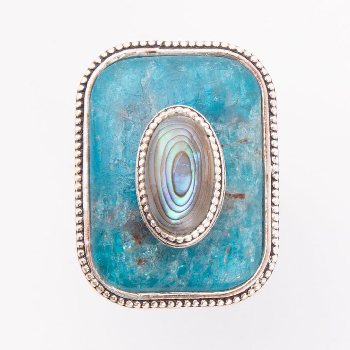Square sterling silver ring bezel set with turquoise stone and oval abalone accent