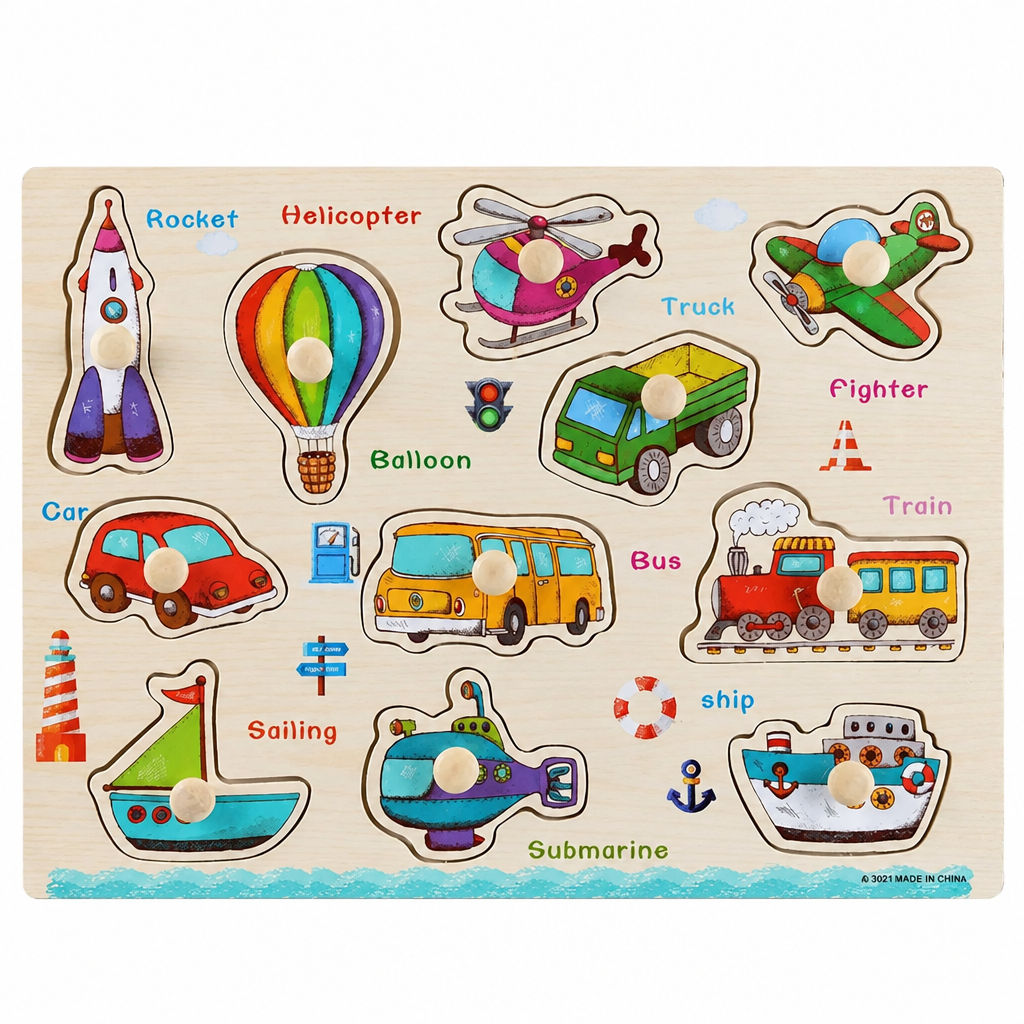 Wooden vehicle-themed hand grab puzzle board with cars, buses, helicopters, and round knobs