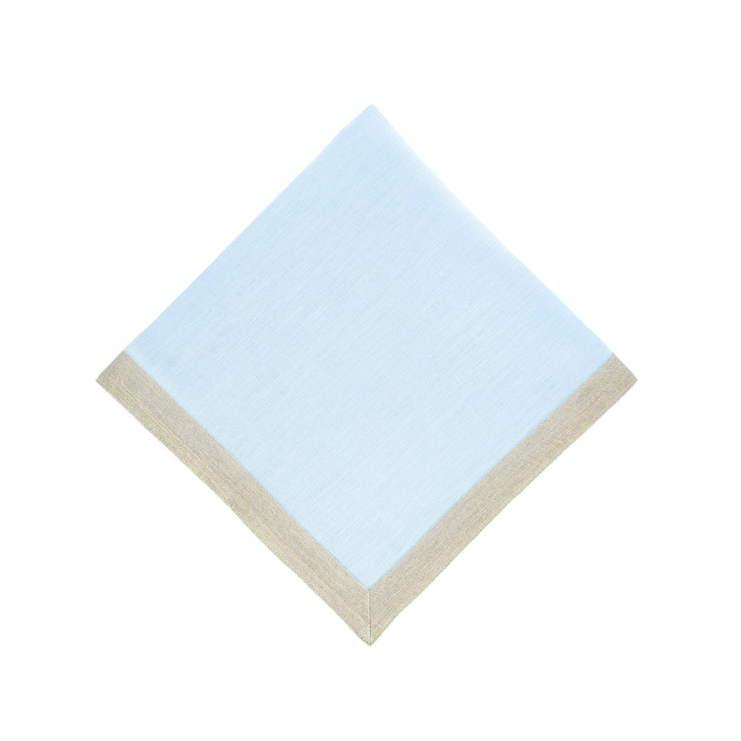 Light blue linen napkin with beige border trim, square folded