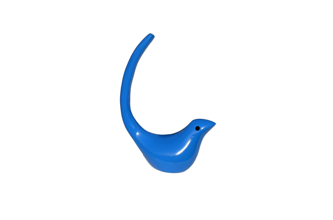 Blue bird ring holder, side view with curved beak and ring slot
