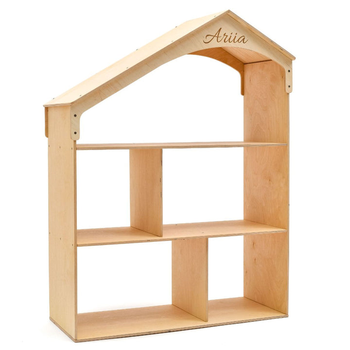 Wood dollhouse bookcase with arched top and open shelves, personalized "Aria"